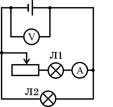 На рисунке показана электрическая цепь состоящая из батарейки реостата ключа вольтметра и амперметра